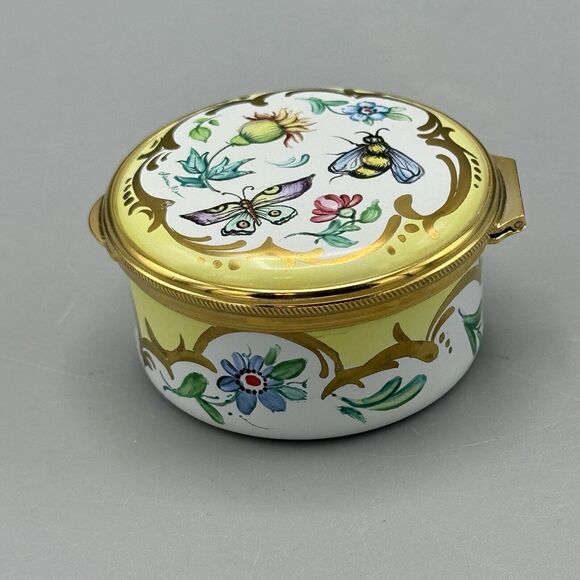 Vtg Round Porcelain Hinged Trinket Box Signed Butterflies Ladybug Flowers Gilt - Picture 5 of 11